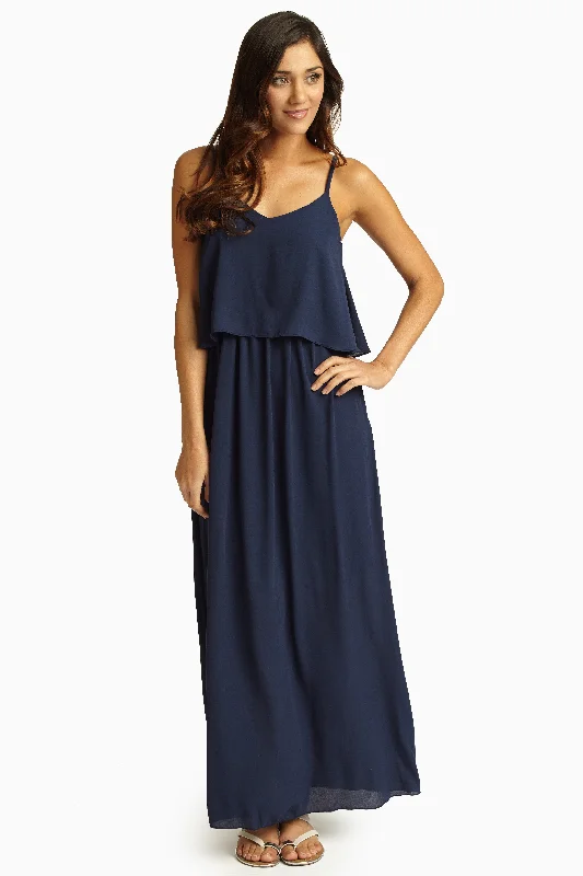 Navy Blue Overlay Chiffon Maxi Dress Special Offers