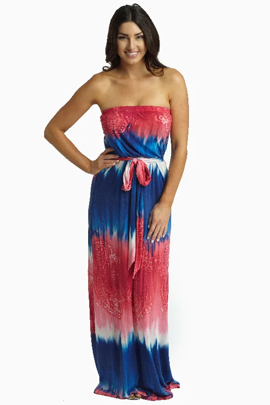 Navy Fuchsia Printed Sash Tie Strapless Maxi Dress Romantic Flair