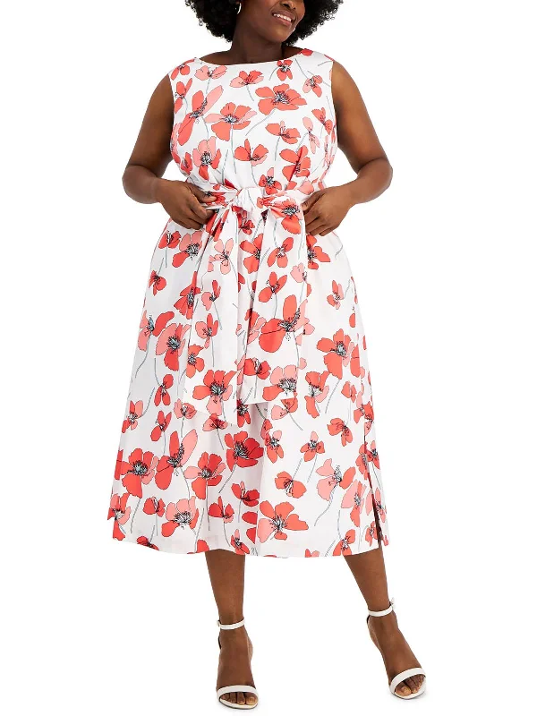 Plus Womens Floral Print Boatneck Midi Fit & Flare Dress Trendy Attire For Her