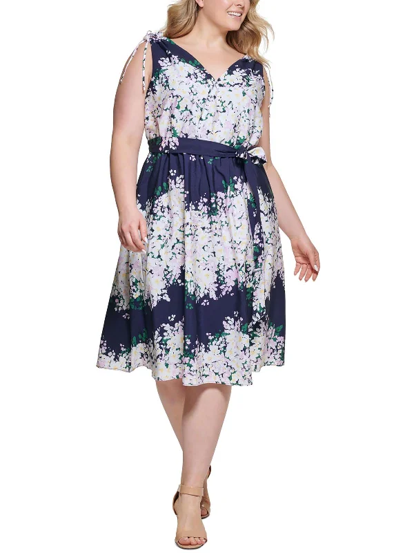 Plus Womens Floral Print Midi Fit & Flare Dress Coastal Beach - Inspired Style