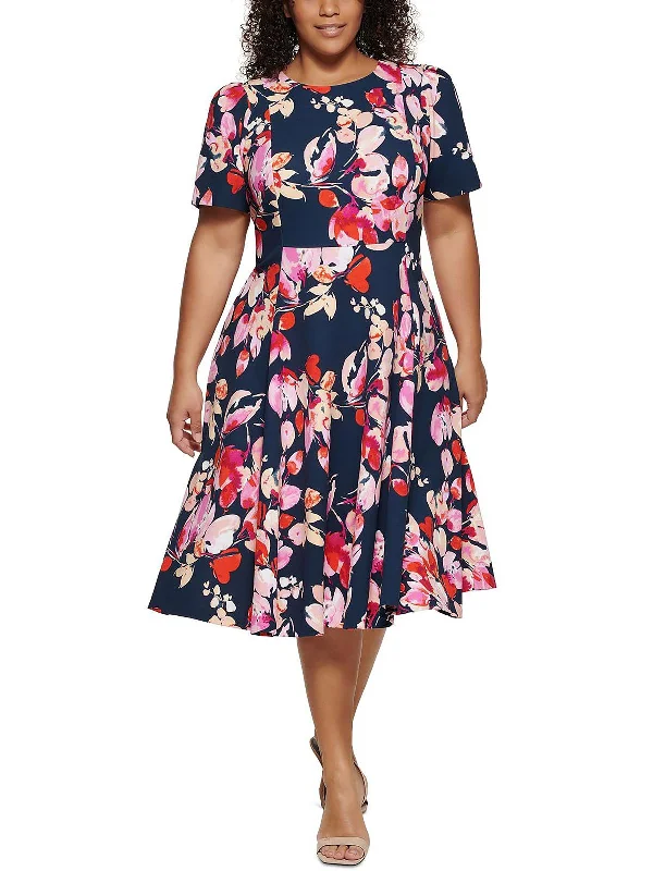 Plus Womens Floral Short Sleeves Fit & Flare Dress Modern Women's Fashion