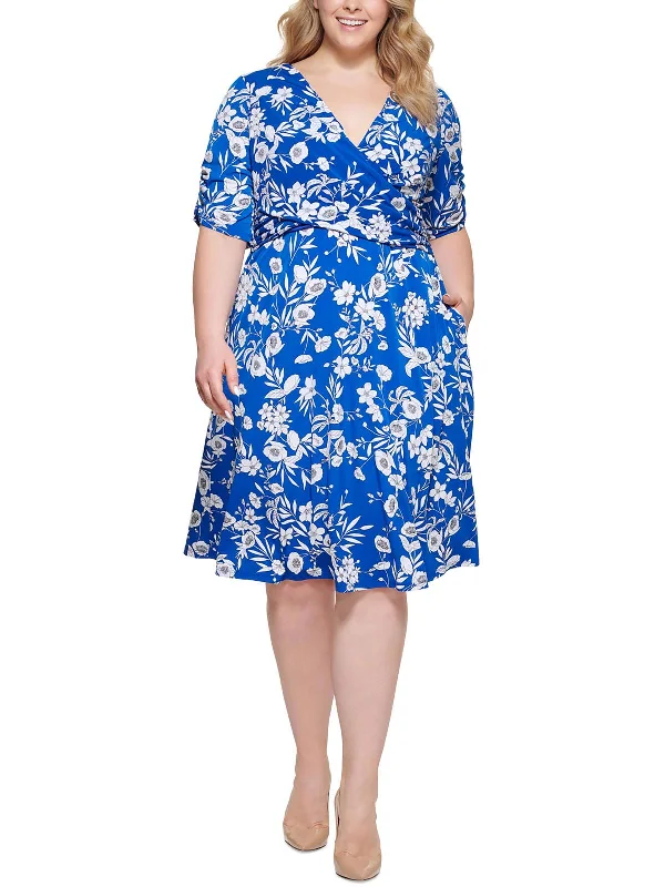 Plus Womens Printed Surplice Fit & Flare Dress Fashion Frontiers