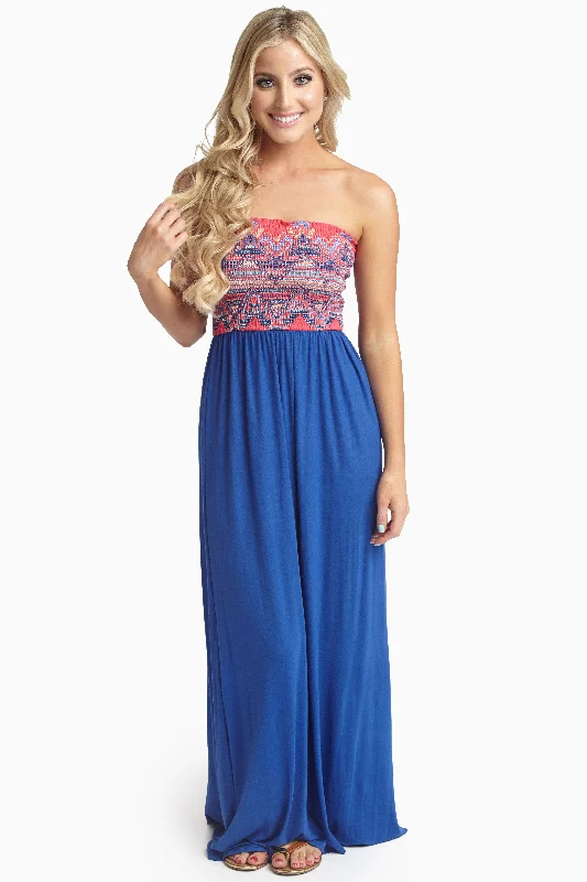 Royal Fuchsia Printed Top Strapless Maxi Dress Seasonal Sale