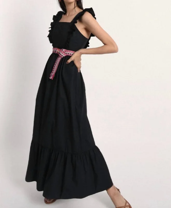 Ruffled Sleeveless Long Dress In Black Exclusive Sale