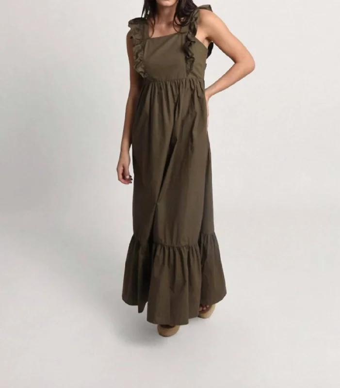 Ruffled Sleeveless Long Dress In Khaki Unbeatable Prices