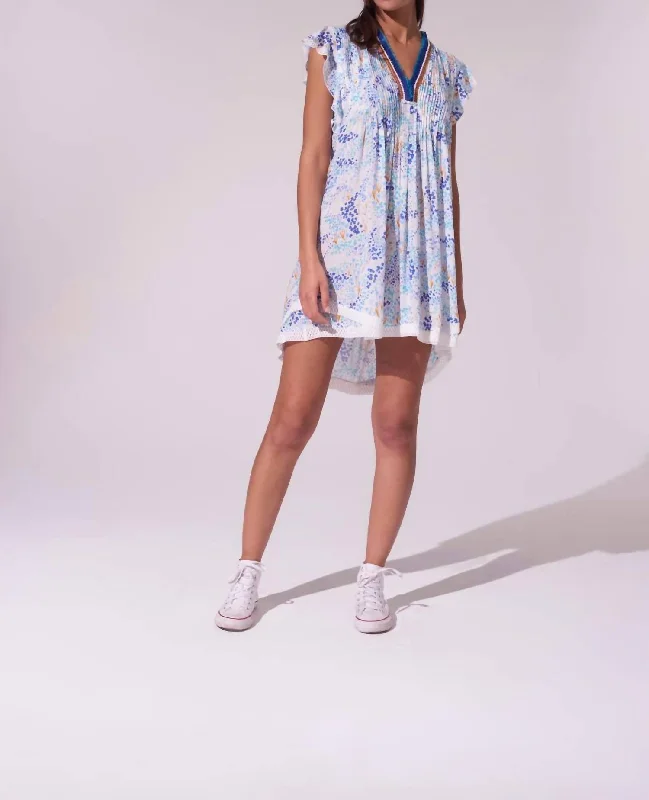 Sasha Mini Dress in White Blue Tulipe Elegant Details