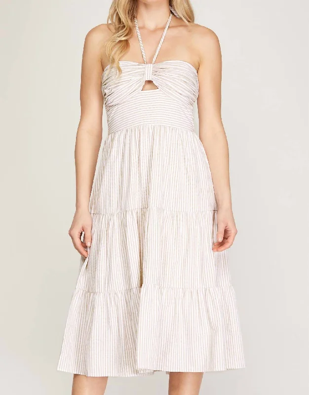 Tallulah Falls Sleeveless Halter Midi Dress in White/Tan Spring Fashion