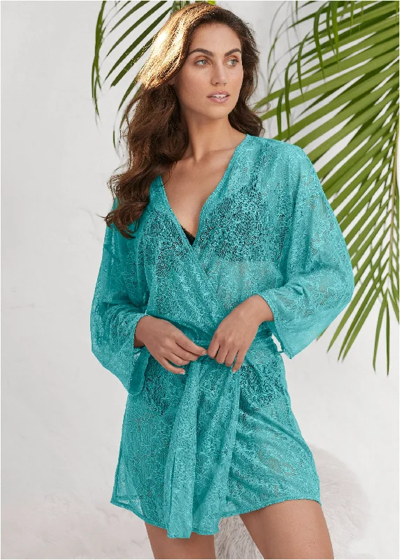 Allover Lace Robe - Teal Feminine Soft - Hued Look