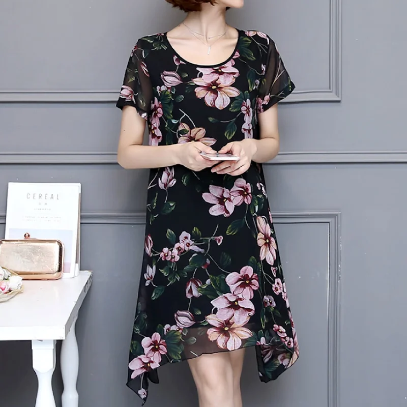 Women Uneven Short Sleeve Floral Dress Polished Finish