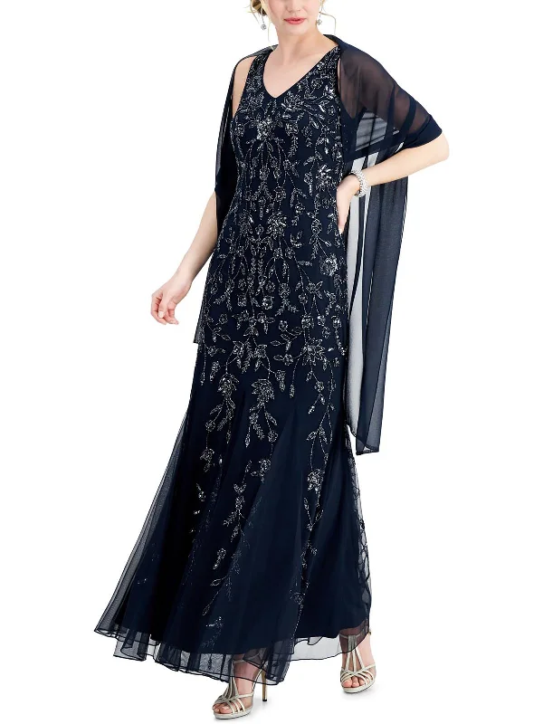 Womens Beaded V-Neck Evening Dress Trendy Threads