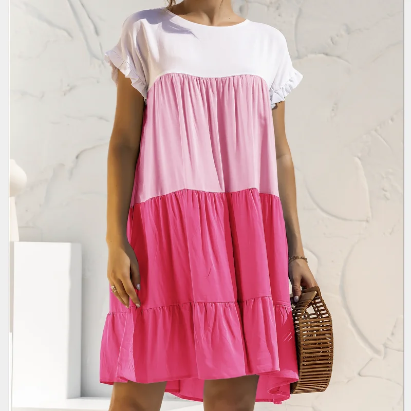 Womens Color Block Summer Dress with Ruffle Sleeve Urban Femme Streetwear