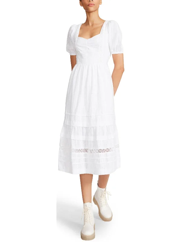 Womens Cotton Puff Sleeves Midi Dress Chic Allure