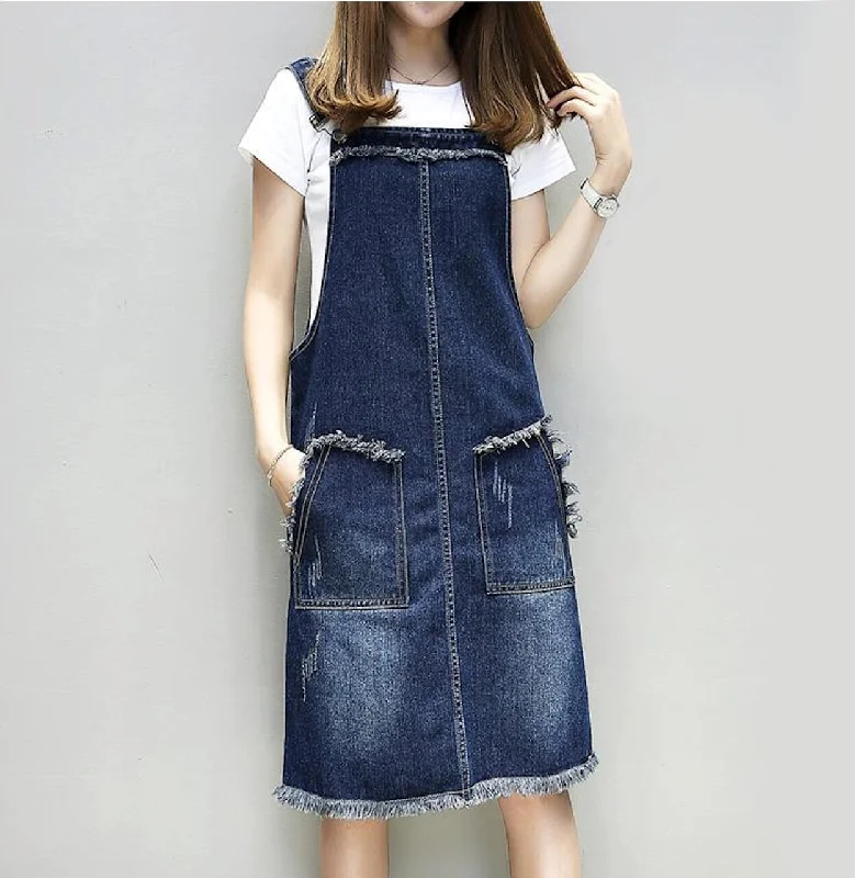 Womens Denim Pinafore Dress with Pockets Soft Textures