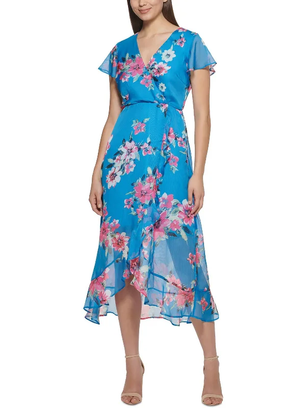 Womens Floral Chiffon V-Neck Midi Fit & Flare Dress Trend Forward Women's Wear