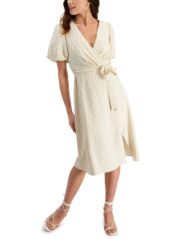 Womens Gingham Faux Wrap Midi Dress Chic And Edgy