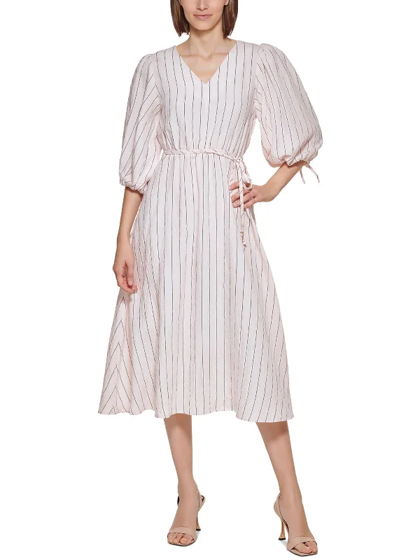 Womens Striped Calf Midi Dress Timeless Elegance Redefined