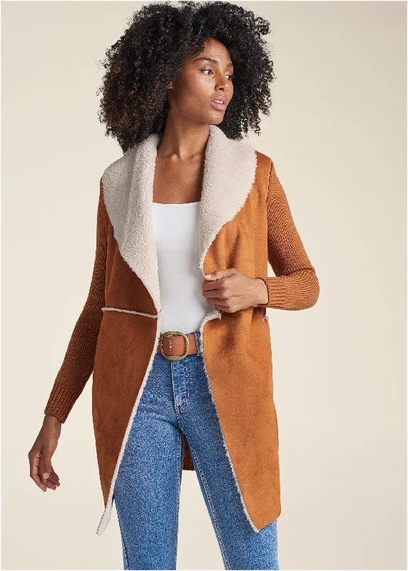 Faux-Shearling Lined Coat - Camel Big Savings