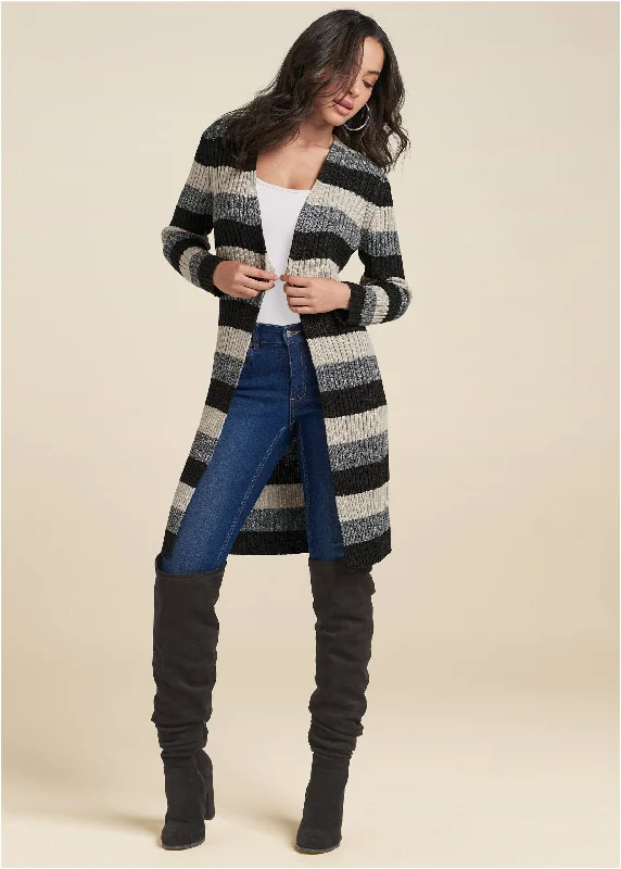 Striped Ribbed Cardigan - Black Multi Buy More, Save More