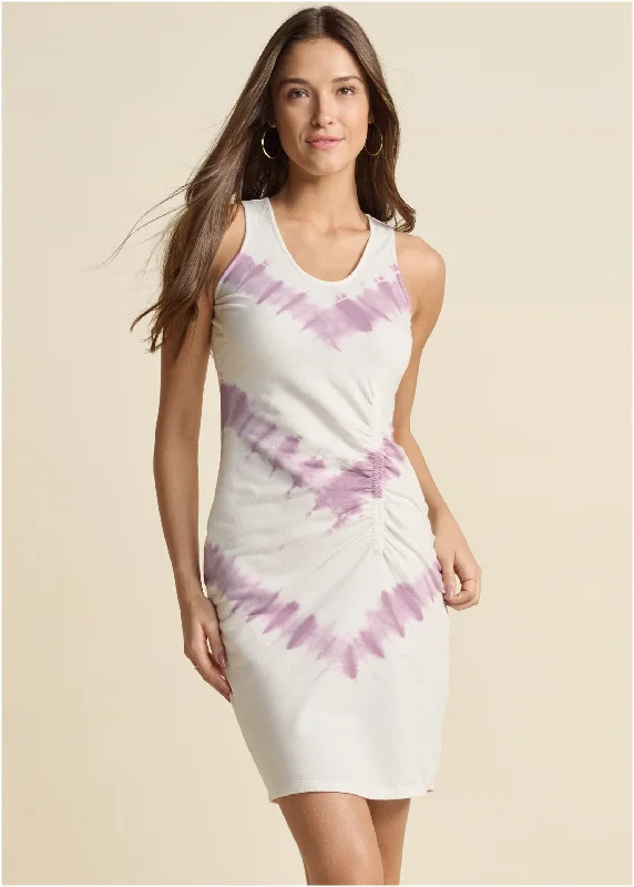 Tie Dye Ruched Lounge Dress - White & Purple Trendy Fashion Sale