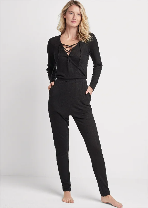 Cozy Hacci Lace-Up Jumpsuit - Black Latest Trends