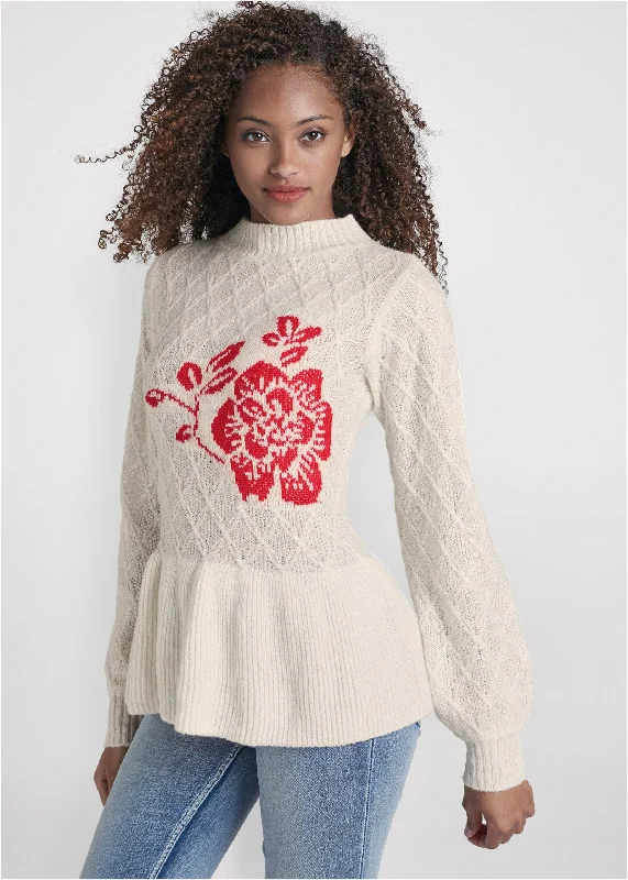 Rose Detail Peplum Sweater - Off White & Red Seasonal Sale