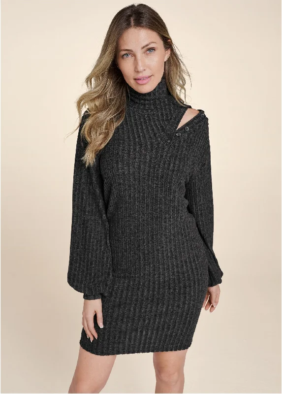 Ribbed Hacci Button Dress - Black New Styles Just In