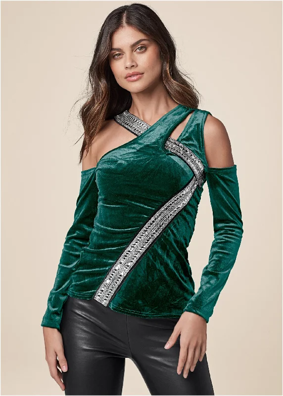 Embellished Velvet Top - Green Vibrant Femme Fashion