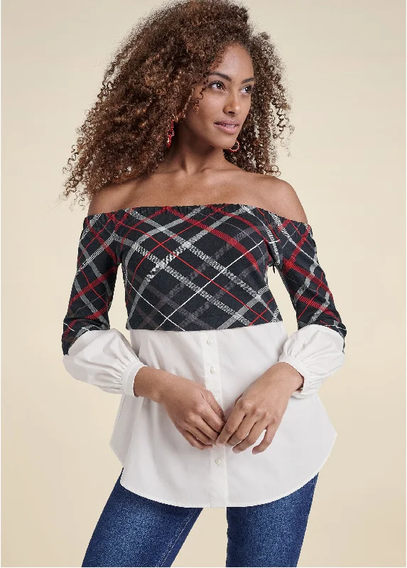 Off-The-Shoulder Blouse - Black Multi Holiday Glam