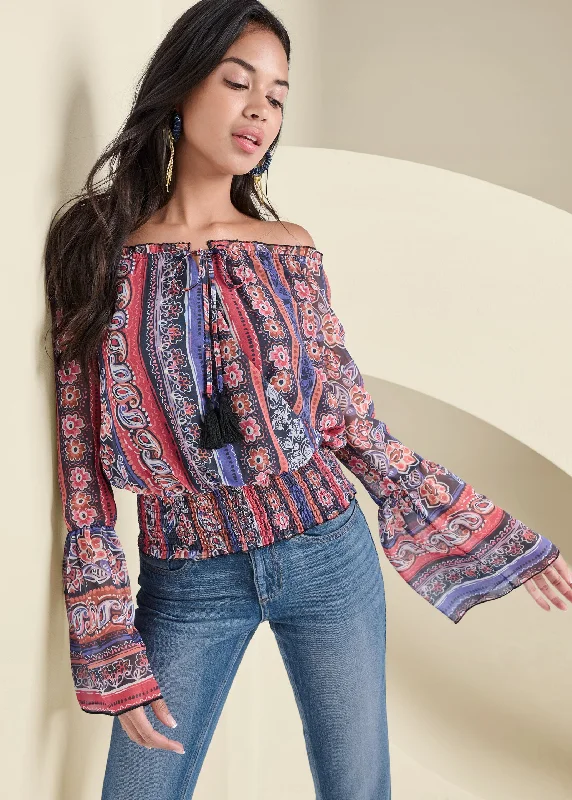 Off-The-Shoulder Print Top - Orange Multi Romantic Flair