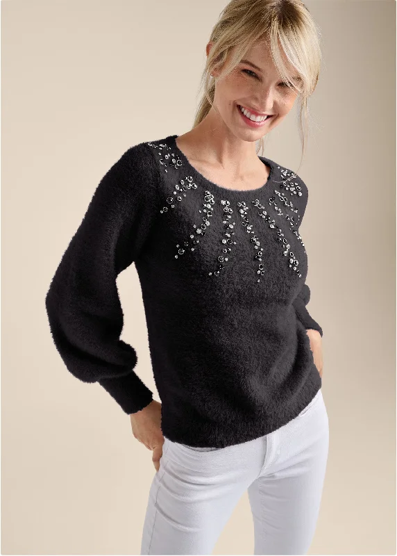 Jeweled Feather-Soft Sweater - Black Multi Limited Stock