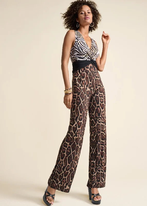 Animal Print Twist Jumpsuit - Black Multi Wardrobe Essentials