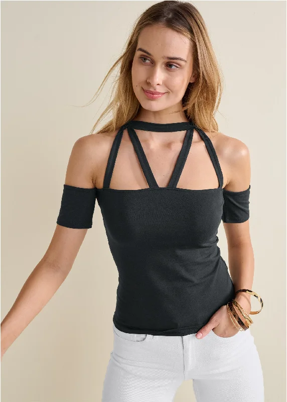 Strappy Open Shoulder Top - Black Evening Elegance