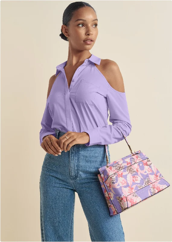 Cold-Shoulder Button-Up Top - Purple Chic And Edgy