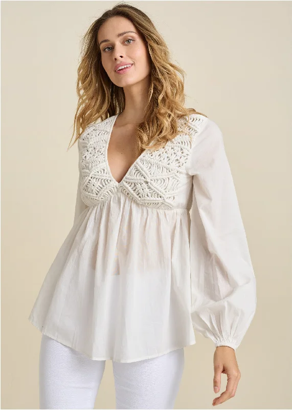 Macrame Babydoll V-Neck Top - Off White Special Offer