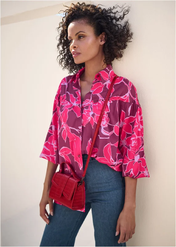 Satin Long Sleeve Blouse - Pink Multi Dive Into Trendy Styles