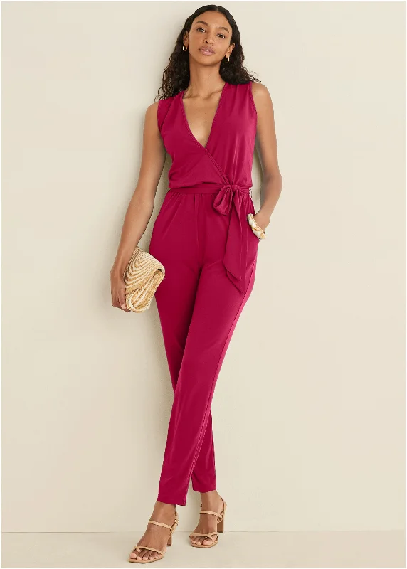 Wrap Tie Jumpsuit - Red Fashion Sale