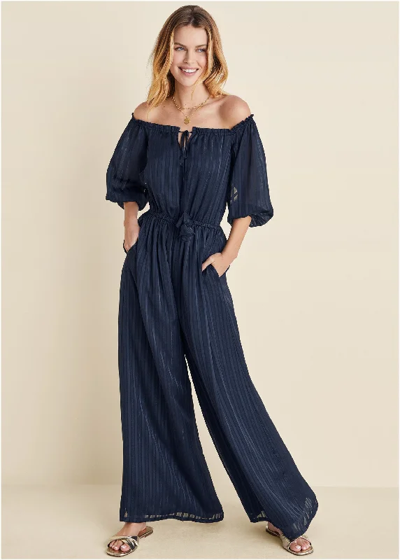 Off-The-Shoulder Jumpsuit - Navy Seize Bargains