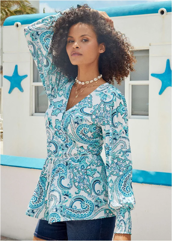 Balloon Sleeve Wrap Front Top - Blue Paisley With Border Massive Selection Sale